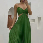 Lizakosht Women Maxi Dress Summer Solid Sling Suspender Sleeveless Pleated Backless Lace Up Beach Party Dresses High Streetwear